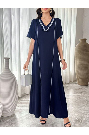 Women Navy Blue Embroidered A-Line Jalabiya