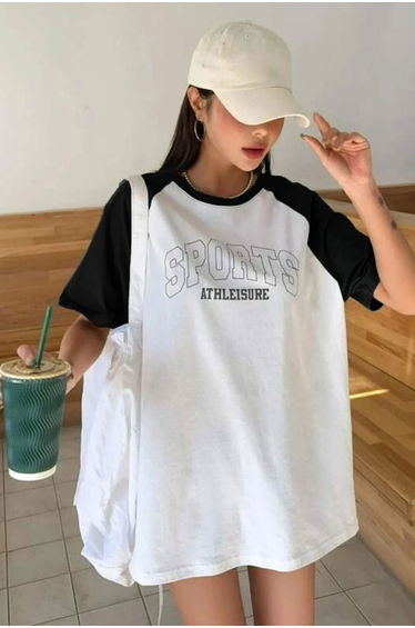 Cotton White Sleeves Black Sports Printed Crew Neck Oversize Boyfriend T-shirt