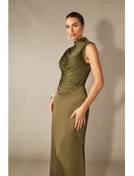 Alisha Sleeveless Beaded Crop Top & Satin Skirt Set - 1