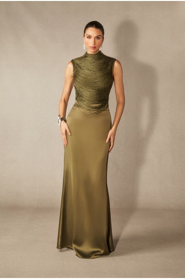 Alisha Sleeveless Beaded Crop Top & Satin Skirt Set