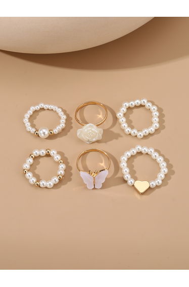 Set of 6 - Faux Pearl Rings