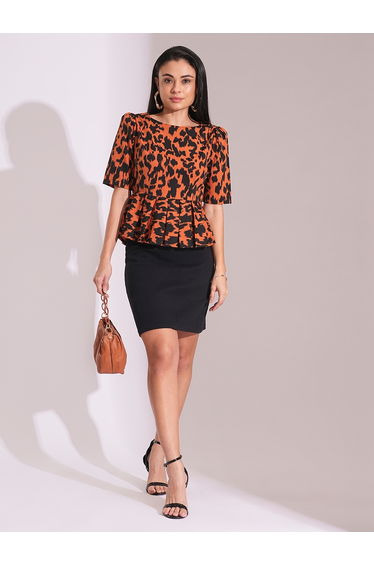 Animal Print Puff Sleeves Pleated Peplum Top