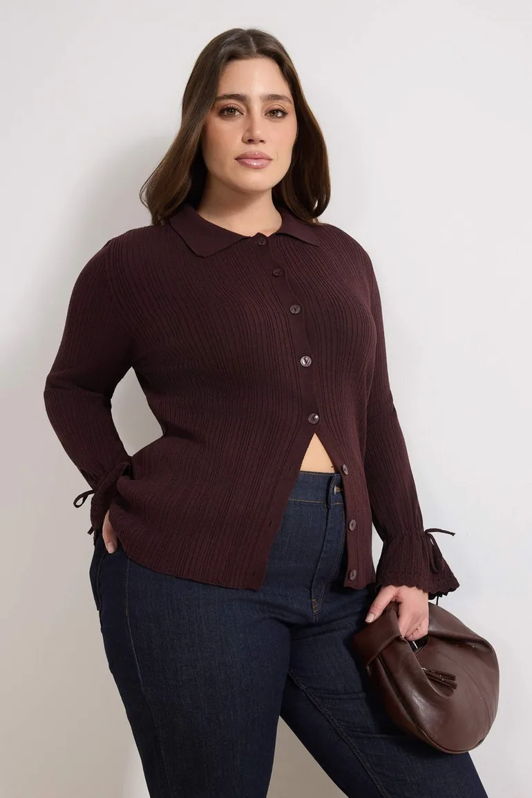 Burgundy Mercerized Look Corded Fabric Polo Neck Knitwear Cardigan - 2