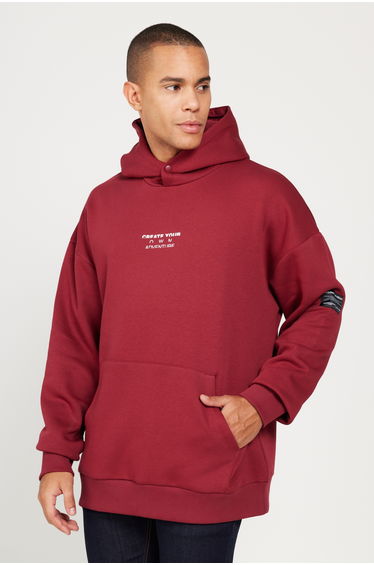 Men's Burgundy Oversize Fit Loose Cut Hooded 3 Thread Cotton Sweatshirt with Fleece Inside