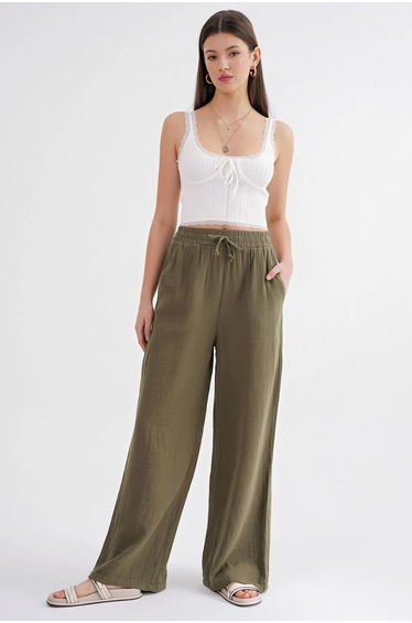Mixray High Waist Textured Muslin Fabric Pants