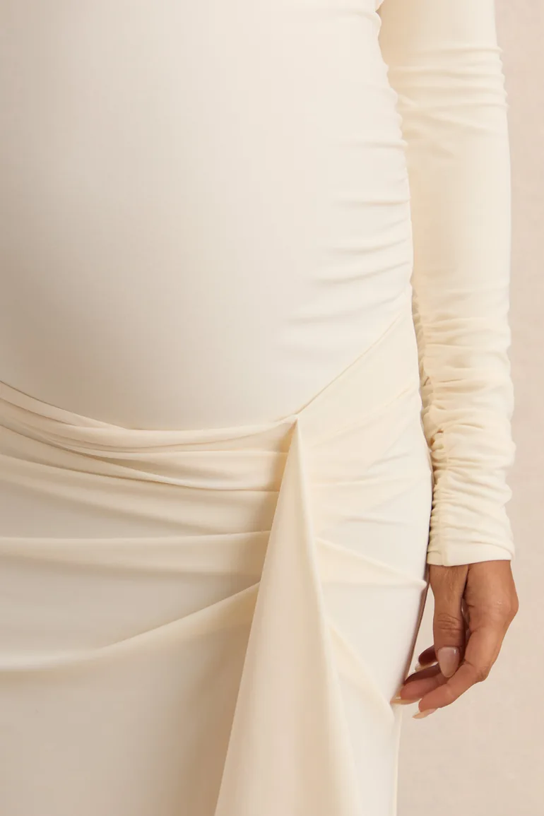 cream maternity maxi dress Cream V-Neck Smocked Tiered Maternity Maxi Dresses