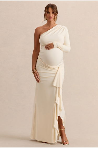 Drusilla | Cream Asymmetric-Neck Maternity Maxi Dress With Gathered Detailing