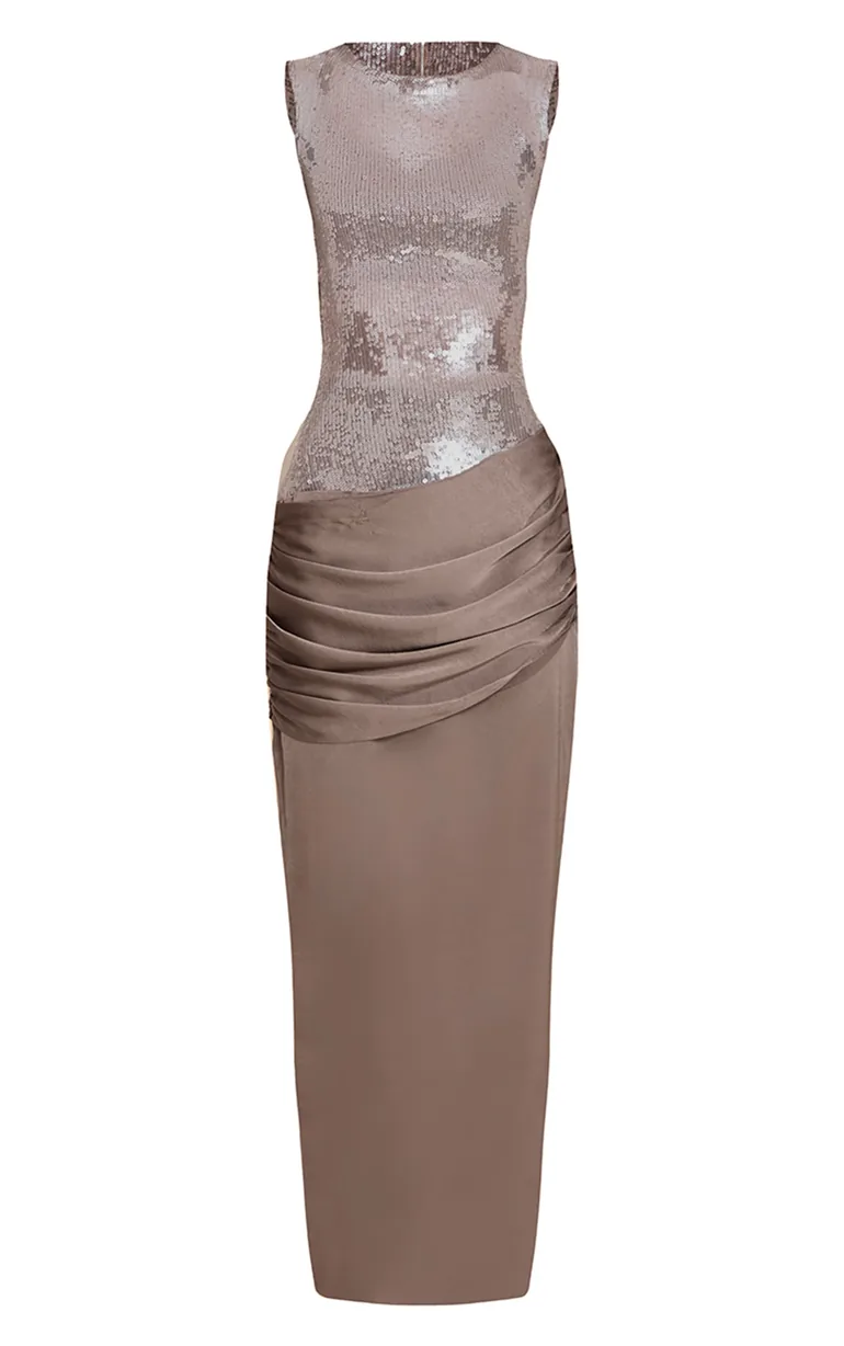 PLT Label Dark Taupe Sequin Sleeveless Drape Detail Maxi Dress Prettylittlething Beige : Evening Dresses : VogaCloset Iraq PLT Label Dark Taupe Sequin Sleeveless Drape Detail Maxi Dress Prettylittlething Beige : Evening Dresses : VogaCloset Iraq