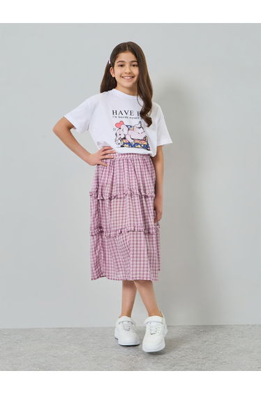 Teen Girls Printed T-Shirt and Checked Ruffled Skirt Set