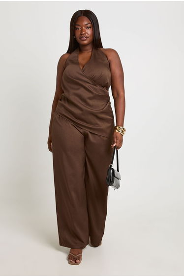 Plus Woven Wrap Asymmetric Hem Top - chocolate