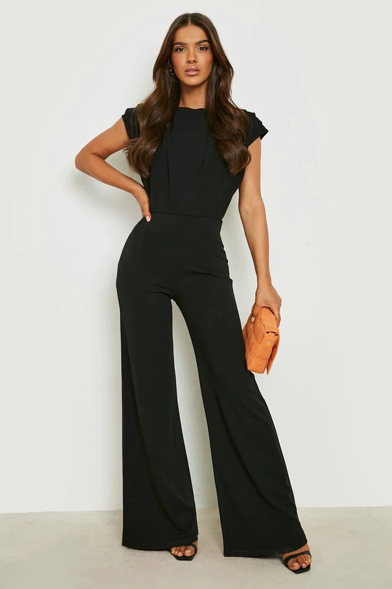 Ruched Detail Wide Leg Jumpsuit - black