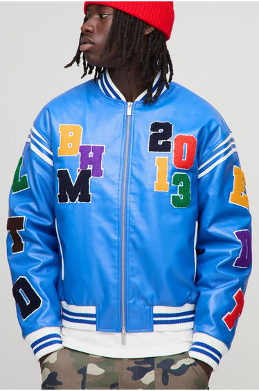 Boxy Fit Letter Badge Applique PU Varsity Bomber Jacket - cobalt product thumbnail 3