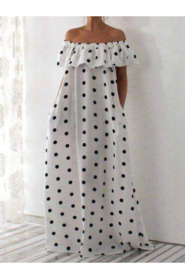 Loose Falbala Polka-Dot Off-The-Shoulder Maxi Dresses