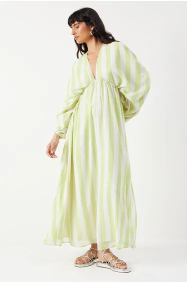 Stripe Chiffon Pleat Plunge Neck Batwing Midaxi Dress