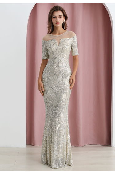 Mesh Panelled Shoulder Sequin Mermaid Gown in Silver