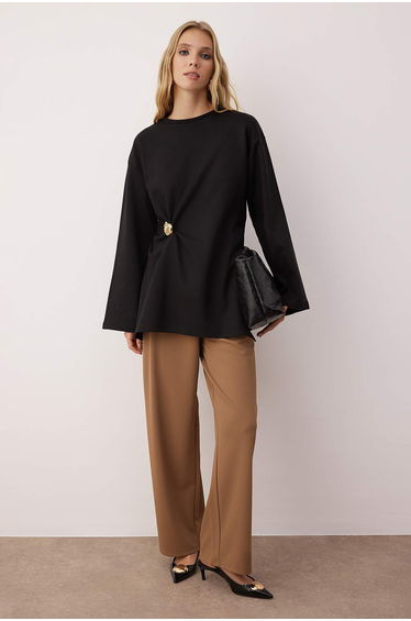 Black Regular Interlock Plain Knitted Buckle Detail Tunic
