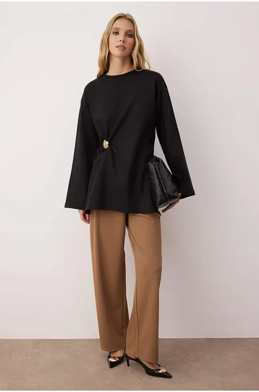 Black Regular Interlock Plain Knitted Buckle Detail Tunic