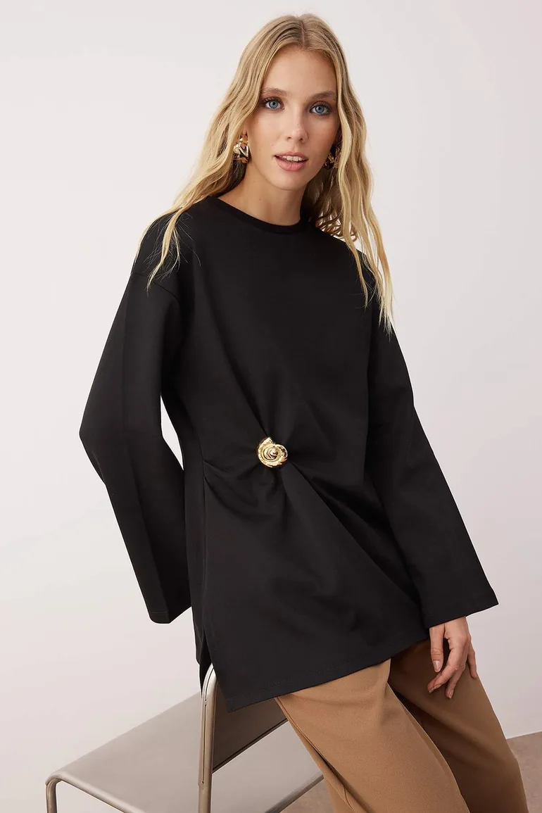 Black Regular Interlock Plain Knitted Buckle Detail Tunic - 1