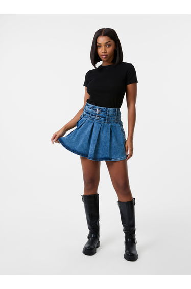 Denim Double Belt Pleat Mini Skirt
