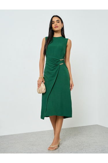 Dark Green Wrap Front Chain Detail Midi Dress