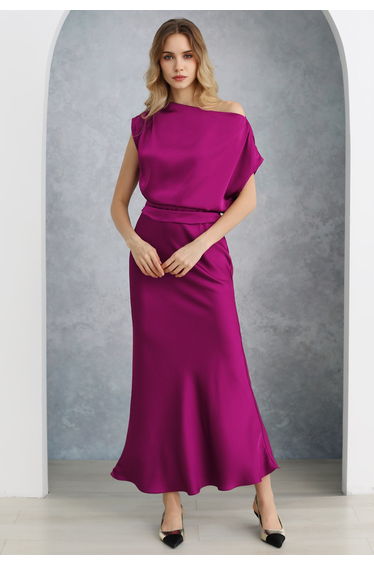 One-Shoulder Shirred Back Satin Top in Magenta