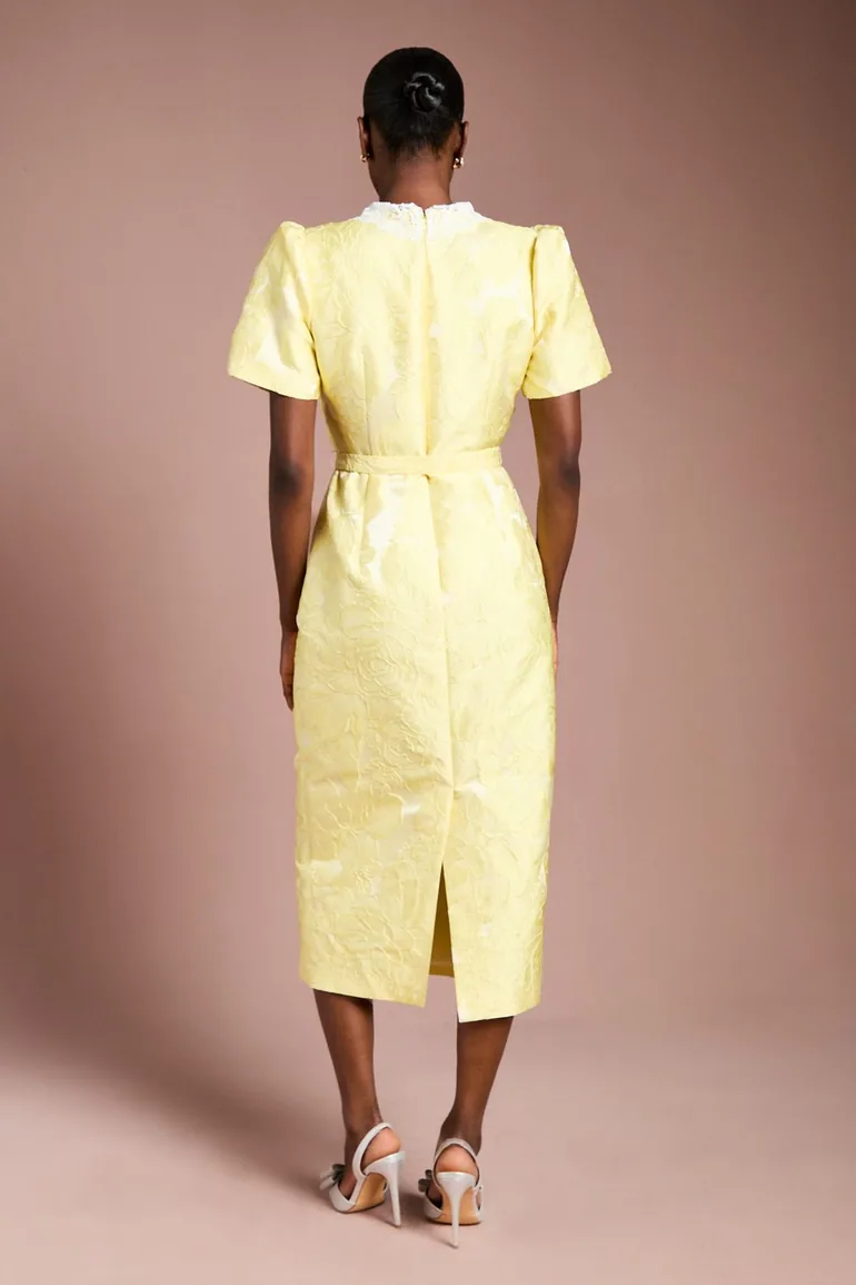 Puff Sleeve Collared Jacquard Midi Dress - 2