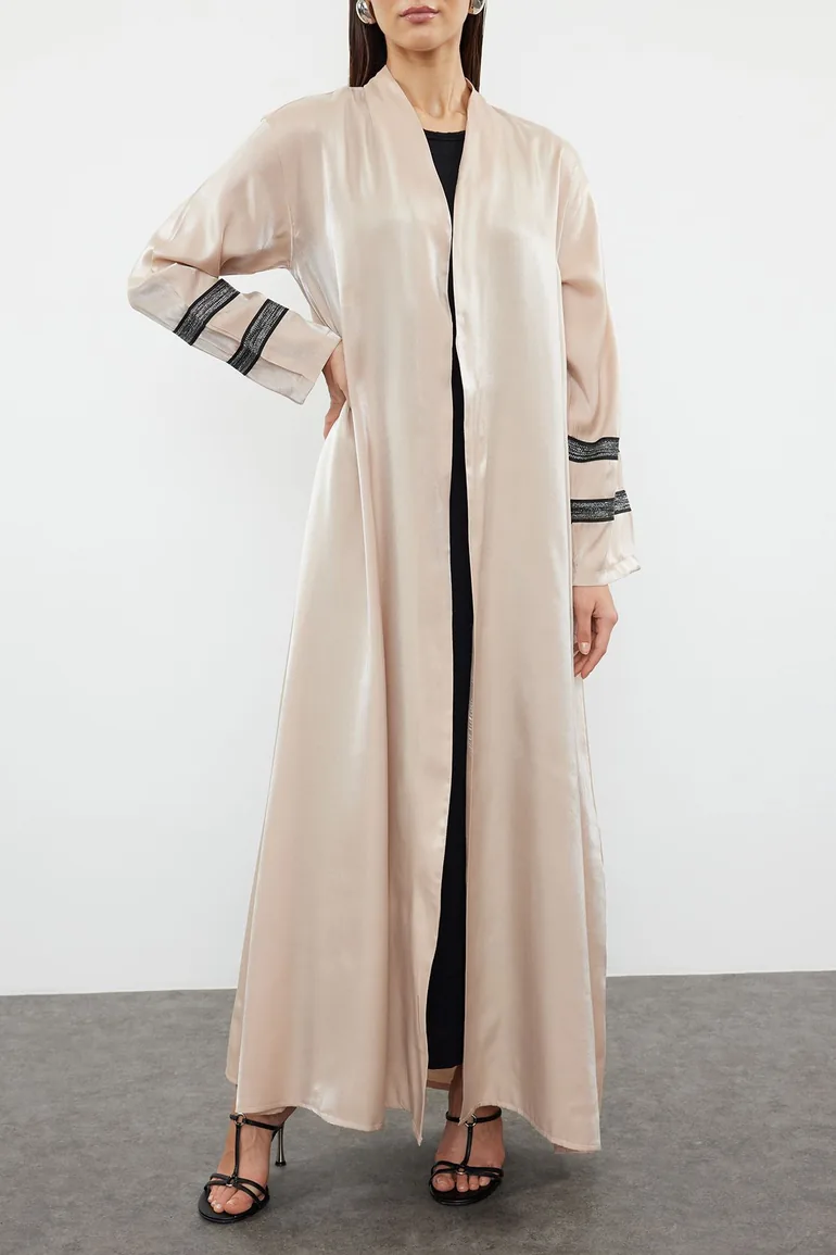 Beige Embroidered Shiny Long Woven Cap & Abaya - 4