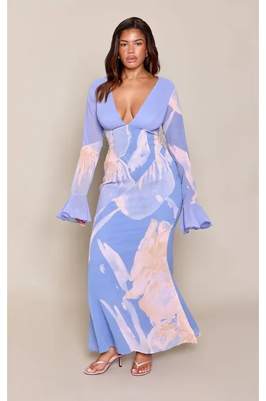 Shape Blue Floral Print Flute Sleeve Deep Plunge Maxi Dress