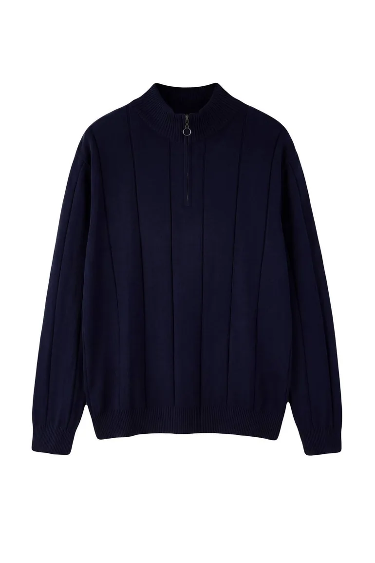 Dark Navy Regular/Normal Cut Line Textured Stand Collar Slim Sweater - 5