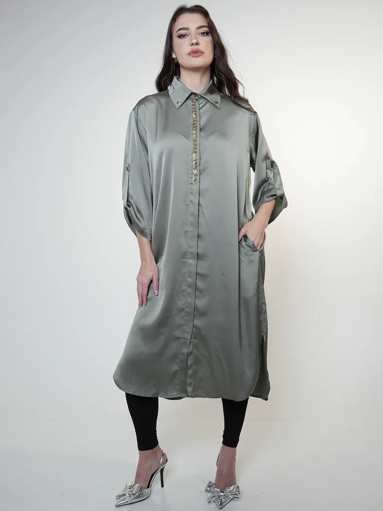 Beaded Placket Detail Longline Satin Shirt - 1