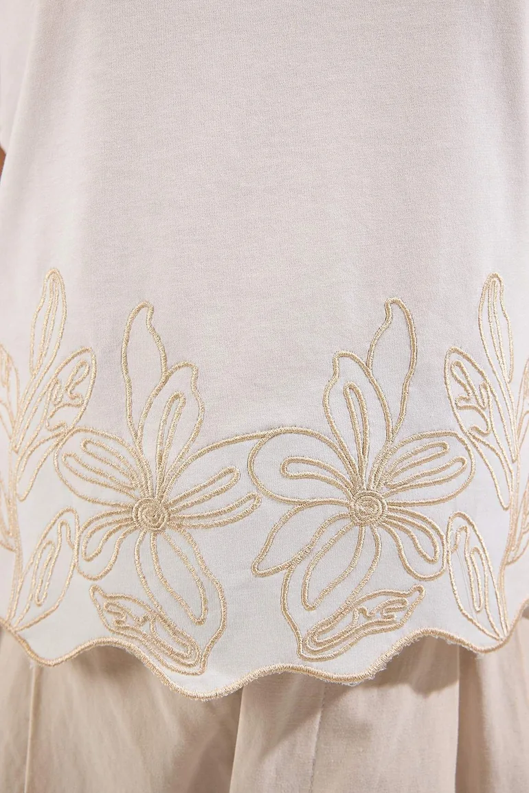 Ecru Embroidered Regular/Normal Fit Knitted T-Shirt - 2