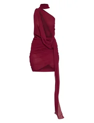 Plum Sheer Chiffon Ruched Detail Asymmetric Drape Bodycon Dress - 4