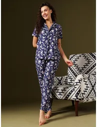 Floral Print Button-Down Shirt and Pyjama Set - 5