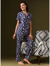 Floral Print Button-Down Shirt and Pyjama Set - 1