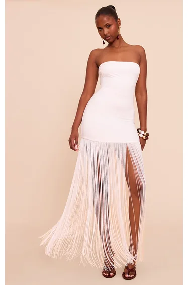 Cream Soft Touch Bandeau Fringe Maxi Dress