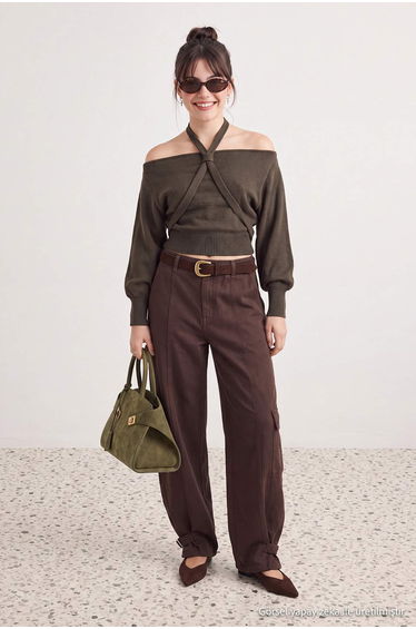 Khaki Soft Textured Special Yarn Collar Detailed Knitwear Sweater