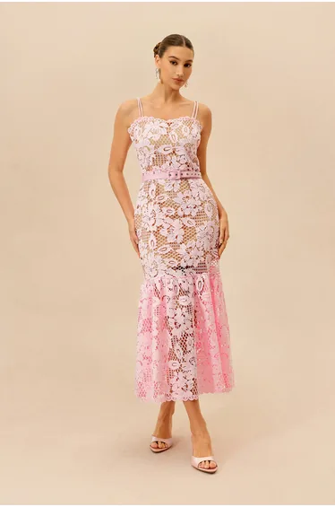 Sweet Obsession Pink Floral Lace Ruffle Hem Maxi Dress