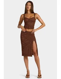 Lace Mid-Rise Midi Skirt in Cocoa Brown - 1