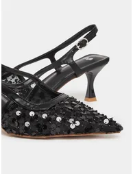 Women Black Sequin Slingback Kitten Heels Shoes - 2