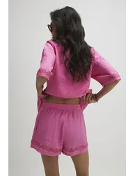 Pink Neon Embroidered Cutwork Shorts - 1
