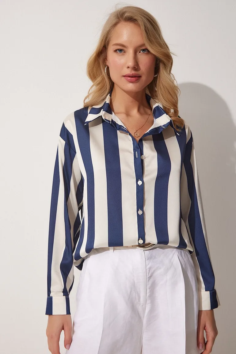 Women's Navy Blue Cream Striped Satin Shirt DD01206 - 3