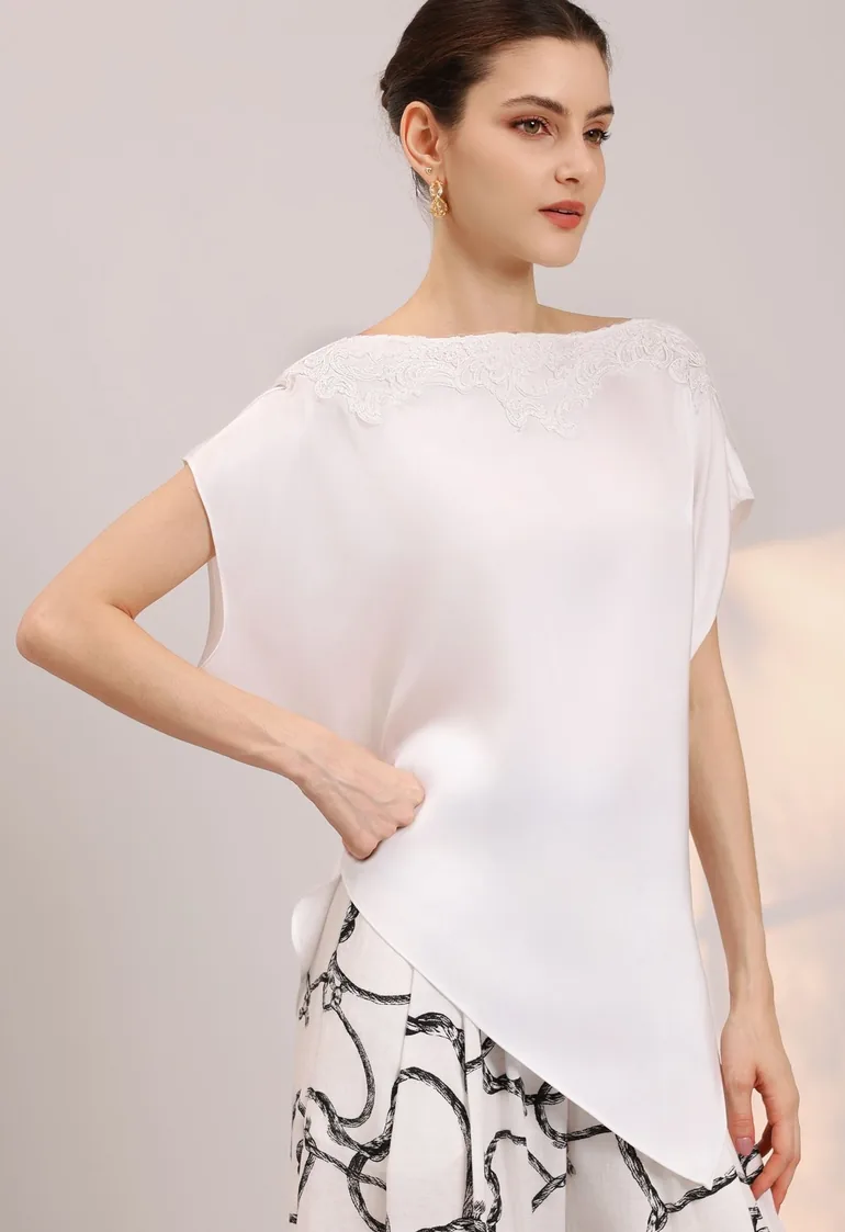 Embroidered Lace Trimmed Tie-Back Satin Top in White for Weekend Errands & Casual Outings - 1