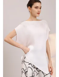 Embroidered Lace Trimmed Tie-Back Satin Top in White for Weekend Errands & Casual Outings - 1