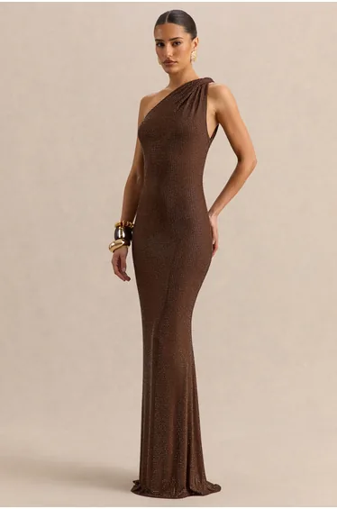 Deity | Brown Embellished Asymmetric-Neck Maxi Dress With Open-Back