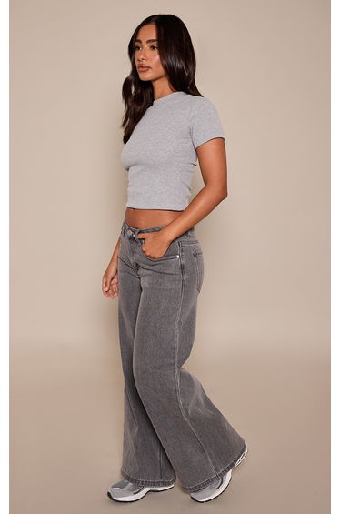 Petite Grey Mid Rise Stretch Wide Leg Jeans product thumbnail 2