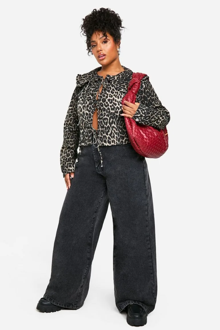 Plus Collar Detail Leopard Bow Front Denim Jacket - multi