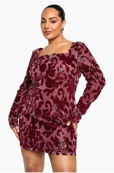 Plus Demask Square Neck Bodycon Dress - berry product thumbnail 2