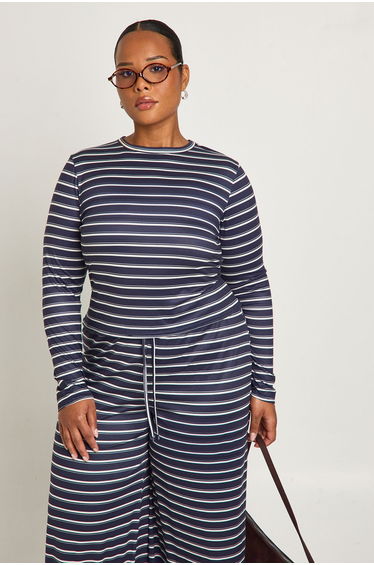 Plus Stripe Long Sleeve Fitted Top And Wide Leg Trouser - navy product thumbnail 4