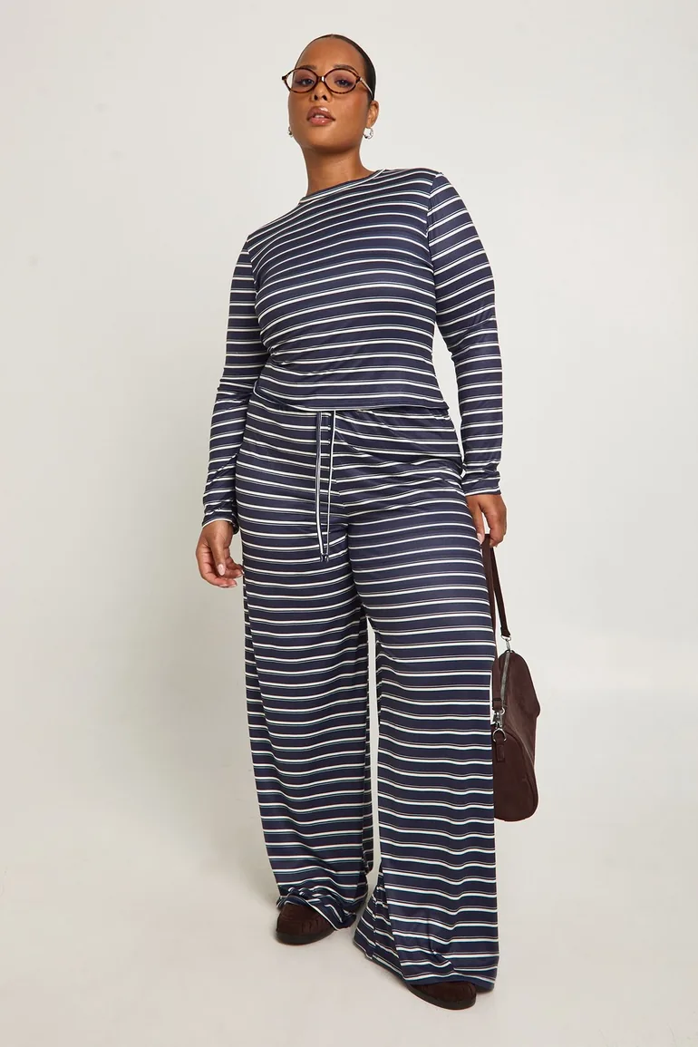 Plus Stripe Long Sleeve Fitted Top And Wide Leg Trouser - navy