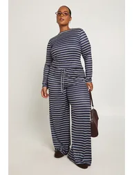 Plus Stripe Long Sleeve Fitted Top And Wide Leg Trouser - navy